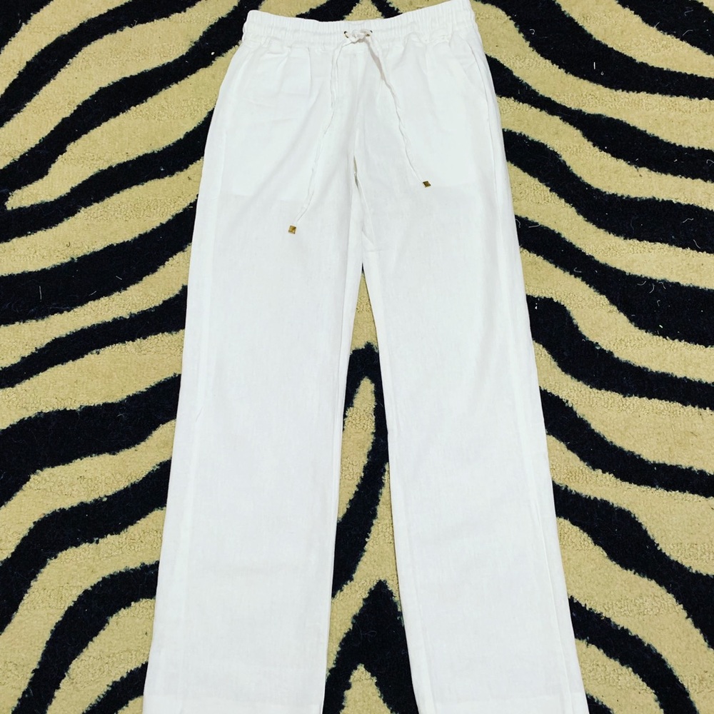 White linen drawstring pants